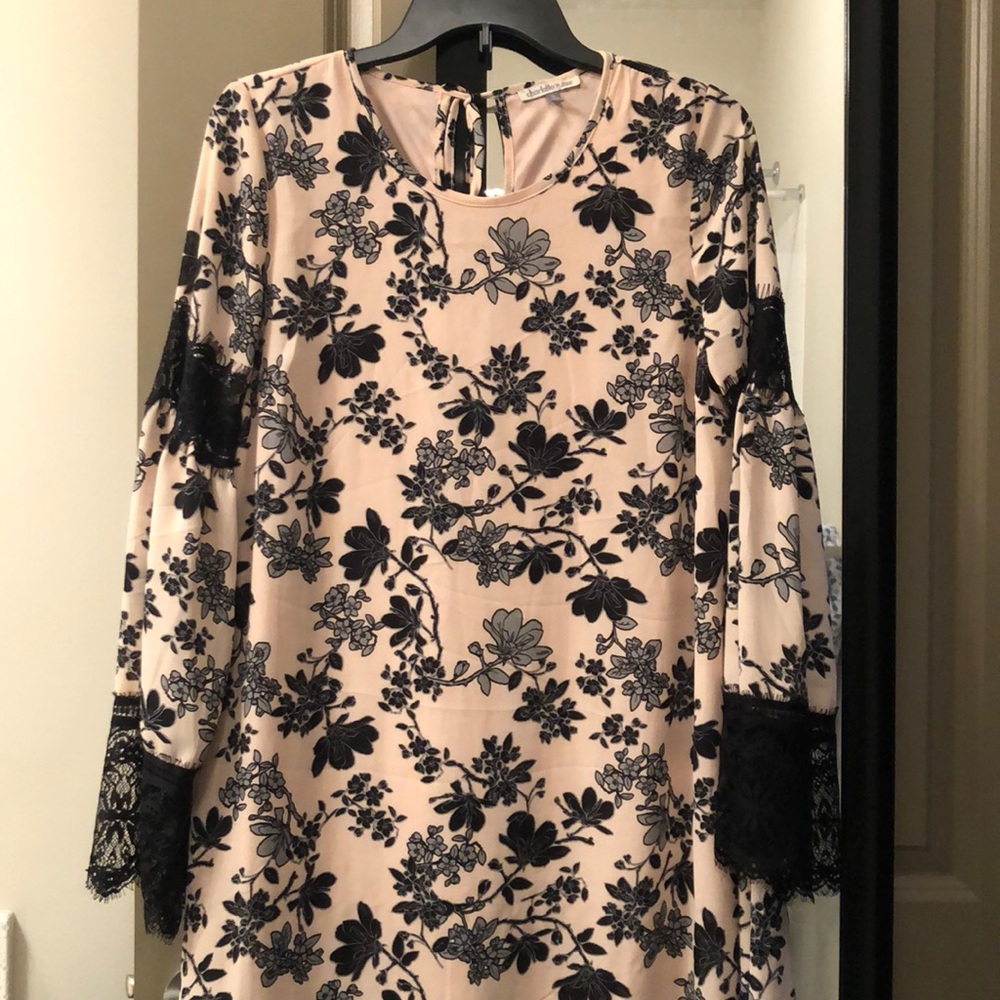 Long sleeve pink black & gray flower printed dress